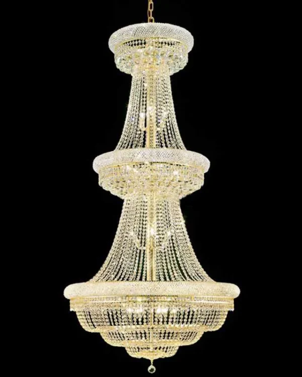 Château Three-Tier Empire Crystal 32-Light Chandelier, 36" × 69" H in polished chrome