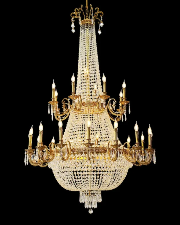 Lauzun Empire Crystal 40-Light Chandelier, 51" × 83" H in antique brass