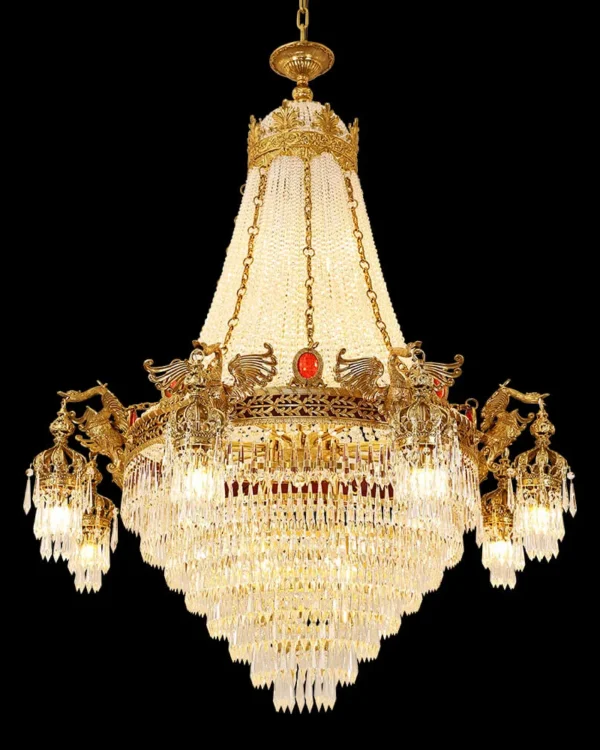 Élysée Empire Crystal 19-Light Chandelier, 55" × 65" H in Antique Brass in antique brass