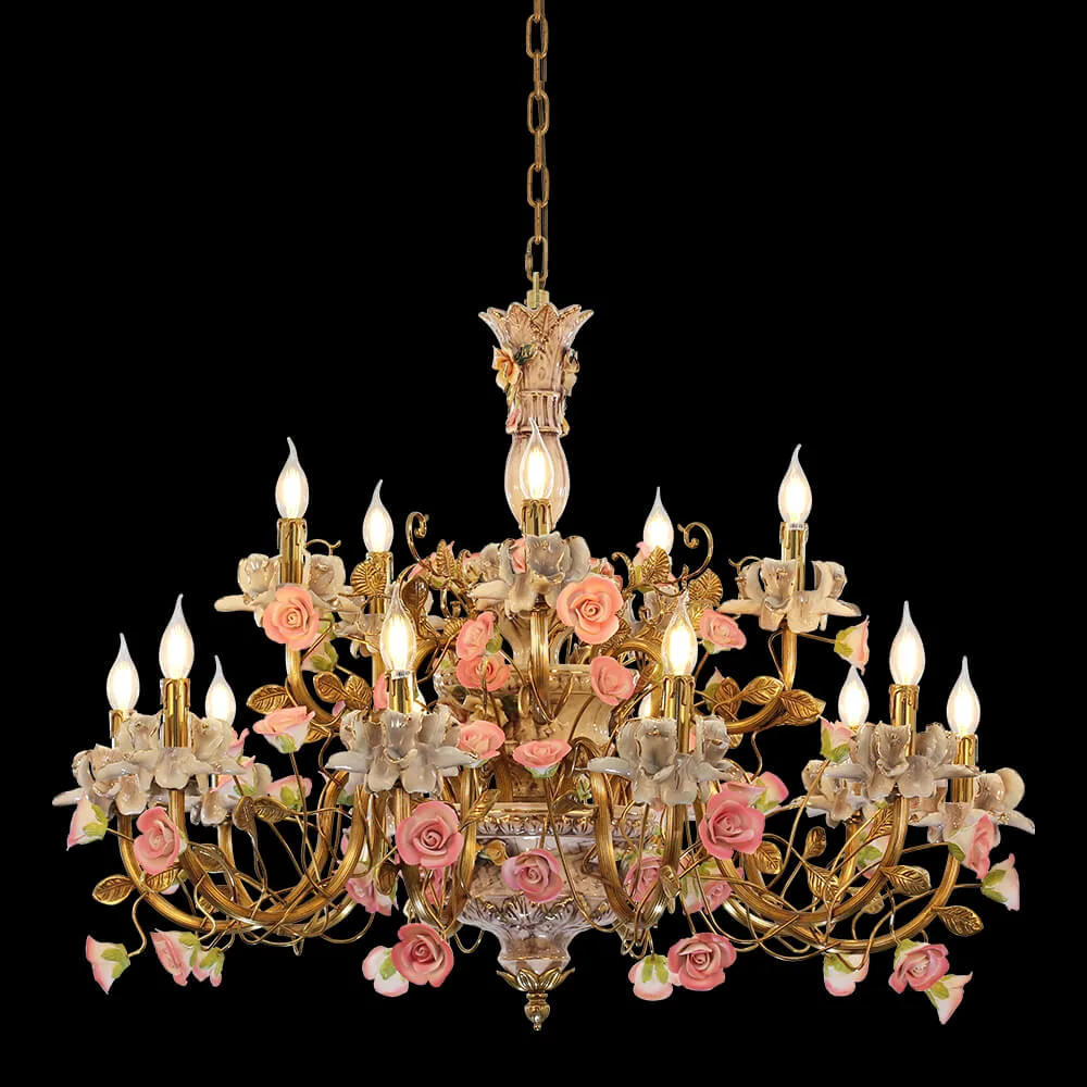 Bastille Floral Brass 15-Light Chandelier, 39" in antique brass