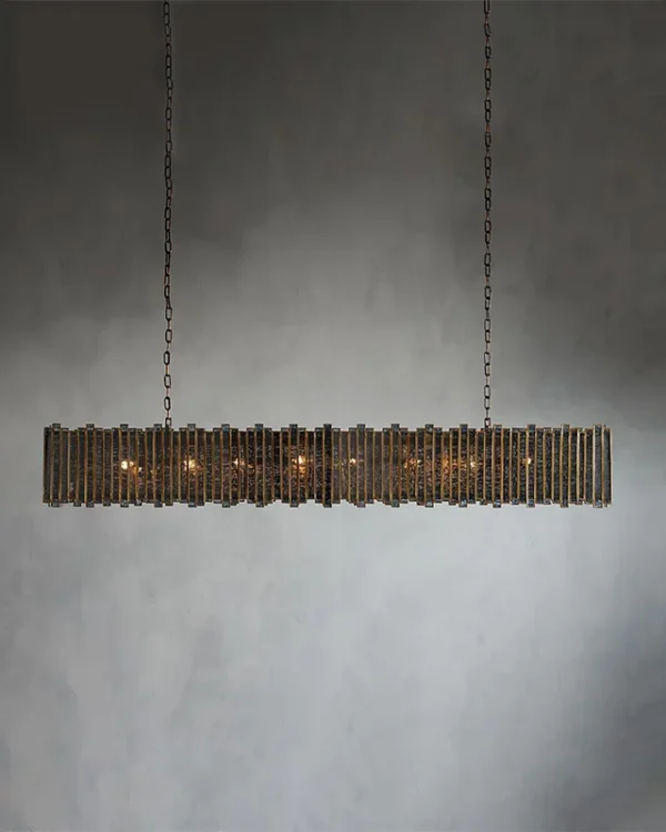Laiton Linear Glass 16-Light Chandelier, 70" in antique copper