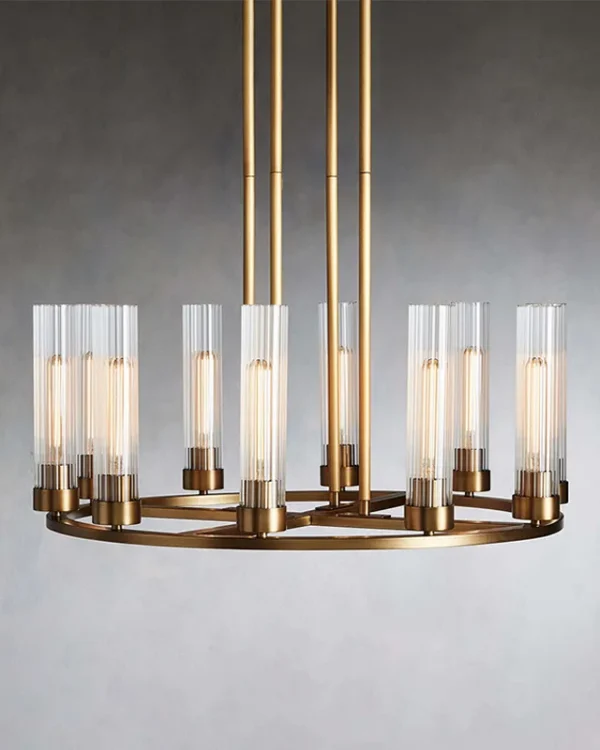 Laiton Round Glass 10-Light Chandelier, 30" in brass