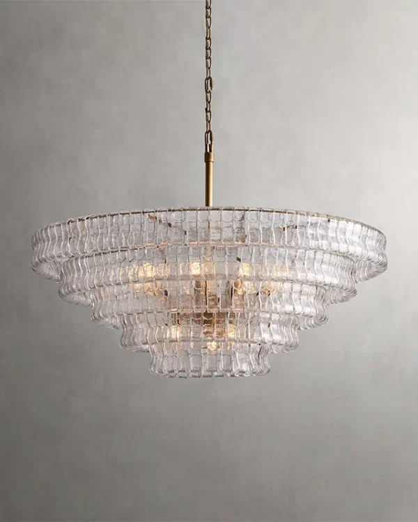 Laiton Round Glass 12-Light Chandelier, 48" × 20" H in Brass in brass