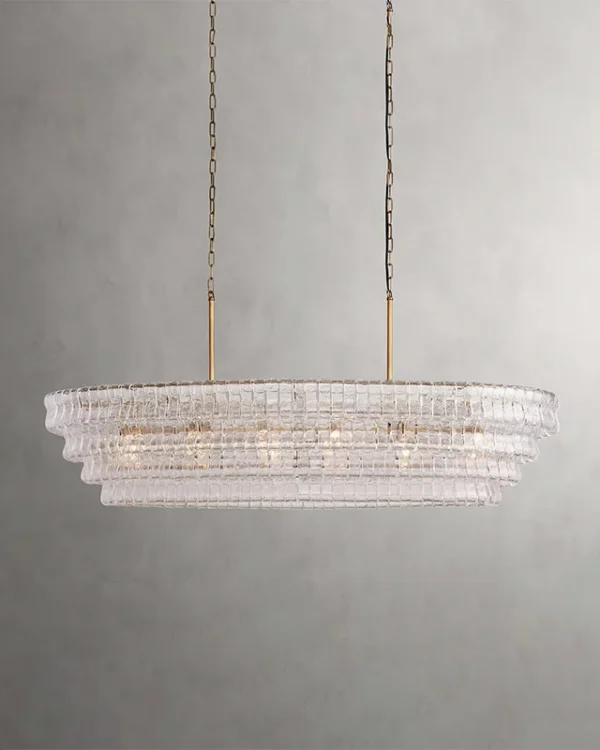 Laiton Oval Glass 12-Light Chandelier, 64" × 14" H in Brass in brass