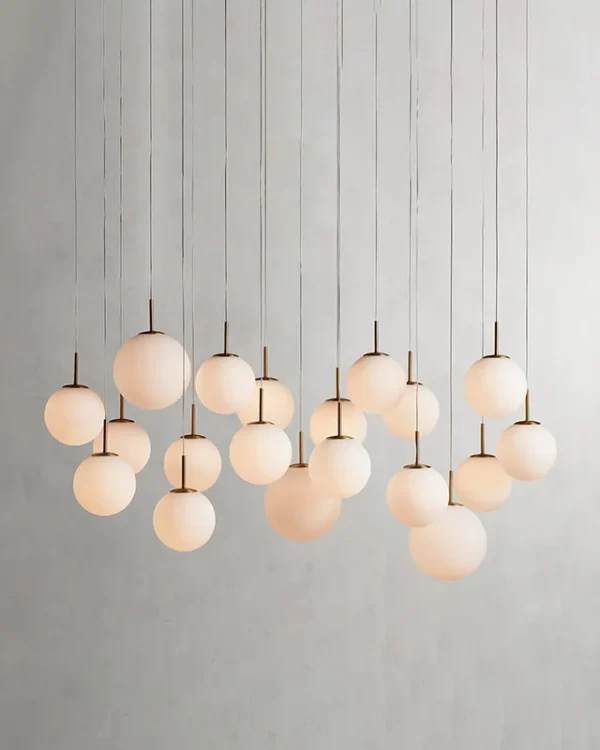 Laiton Linear Glass 19-Light Chandelier, 65" × 156" H in Satin Brass in satin brass