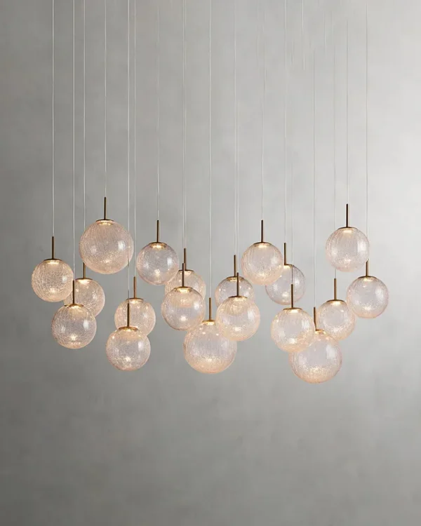 Laiton Linear Glass 19-Light Chandelier II, 65" × 156" H in Satin Brass in satin brass