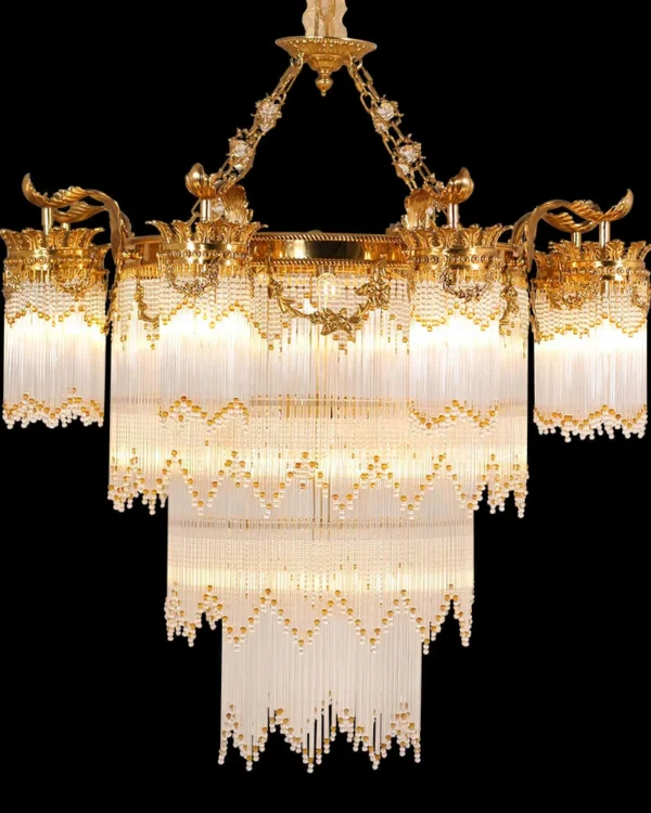 Menton Three-Tier Glass Chandelier, 40" in antique brass