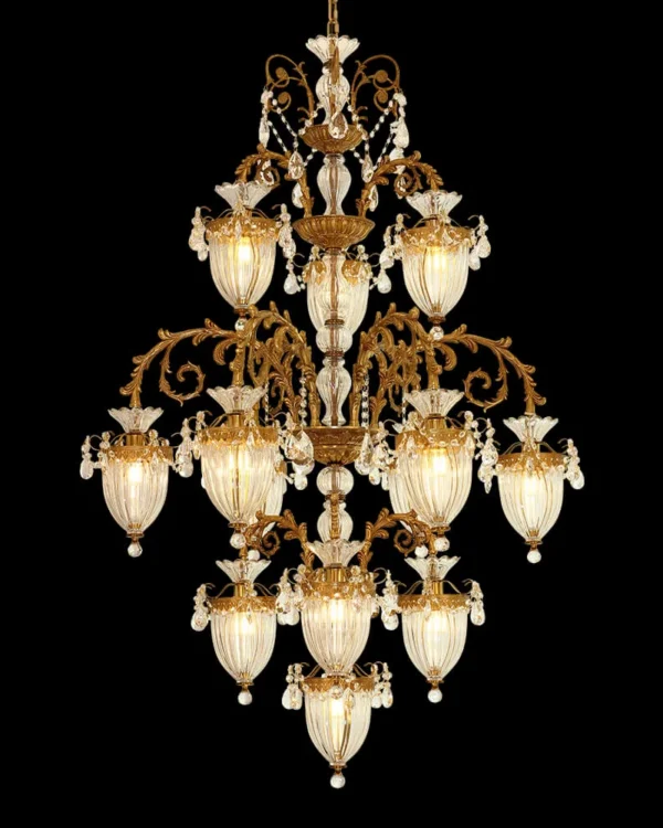 Méduse Four-Tier Crystal Chandelier, 39" in antique brass
