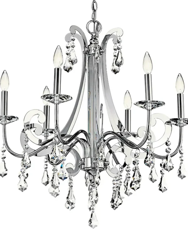 Dordogne Crystal 6-Light Chandelier, 28" × 29" H in polished chrome