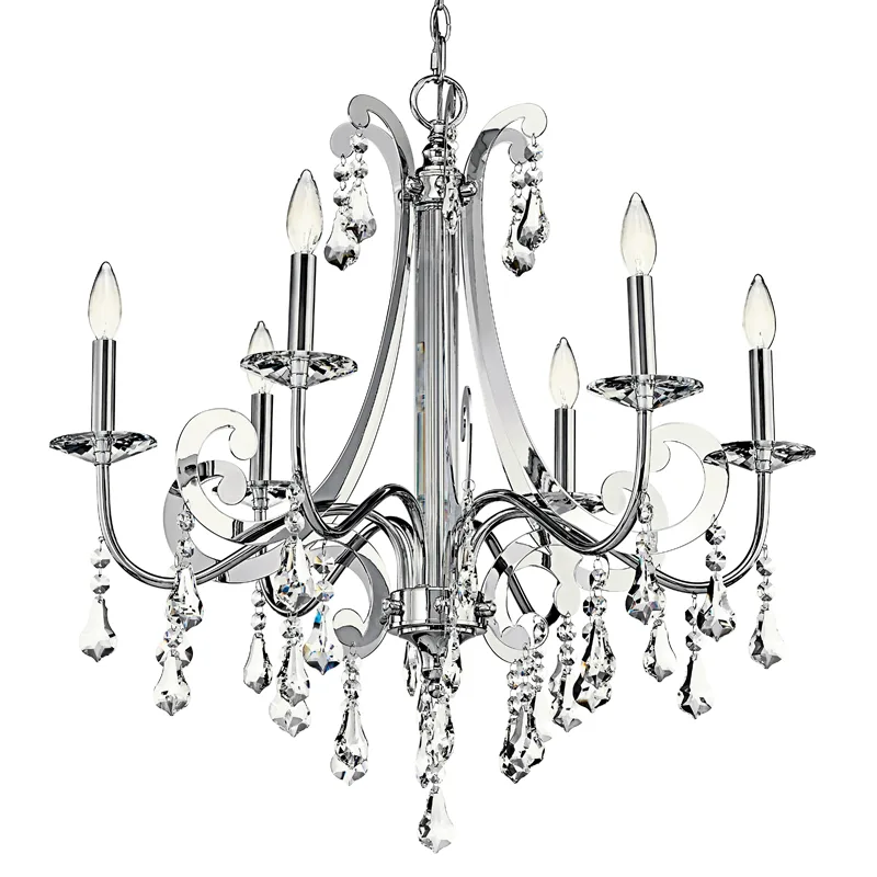 Dordogne Crystal 6-Light Chandelier, 28" × 29" H in polished chrome