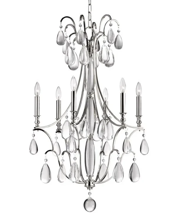 Provence Crystal 6-Light Chandelier, 24" × 39" H in Polished Nickel in polished nickel
