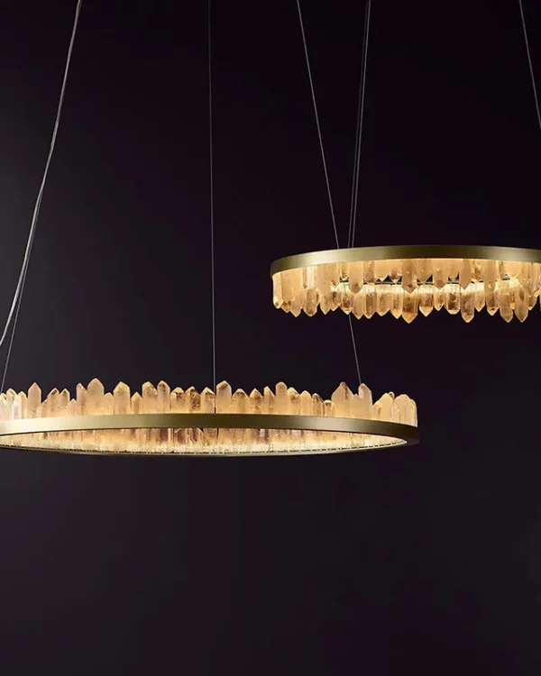 Aigue-Marine Round Quartz Chandelier, 35" in brass