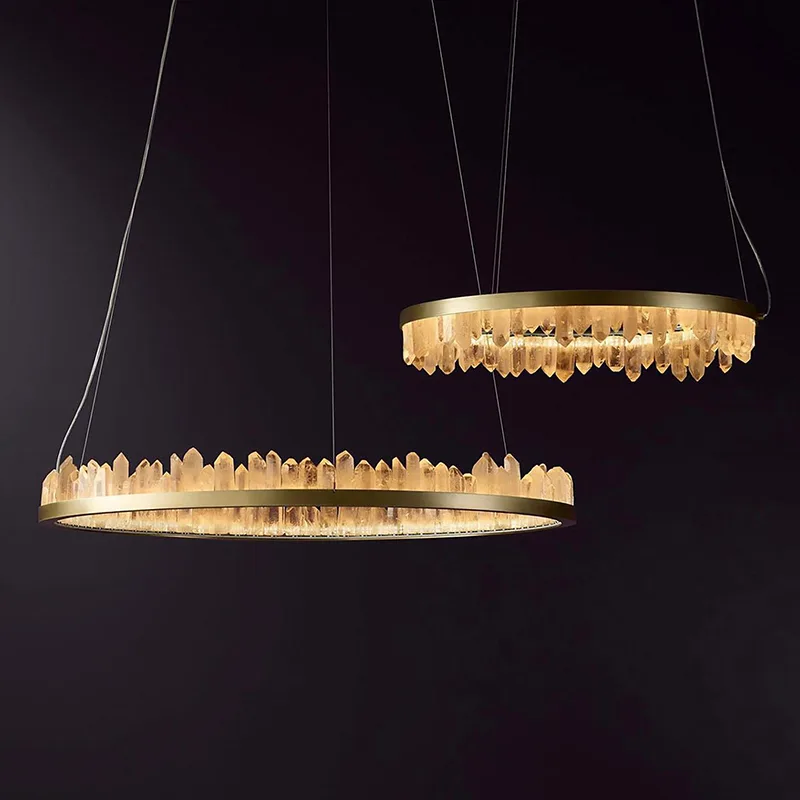 Aigue-Marine Round Quartz Chandelier, 35" in brass