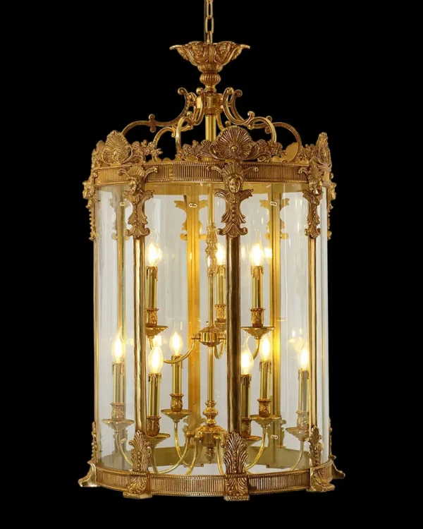 Babylone Lantern Glass Pendant, 26" in antique brass