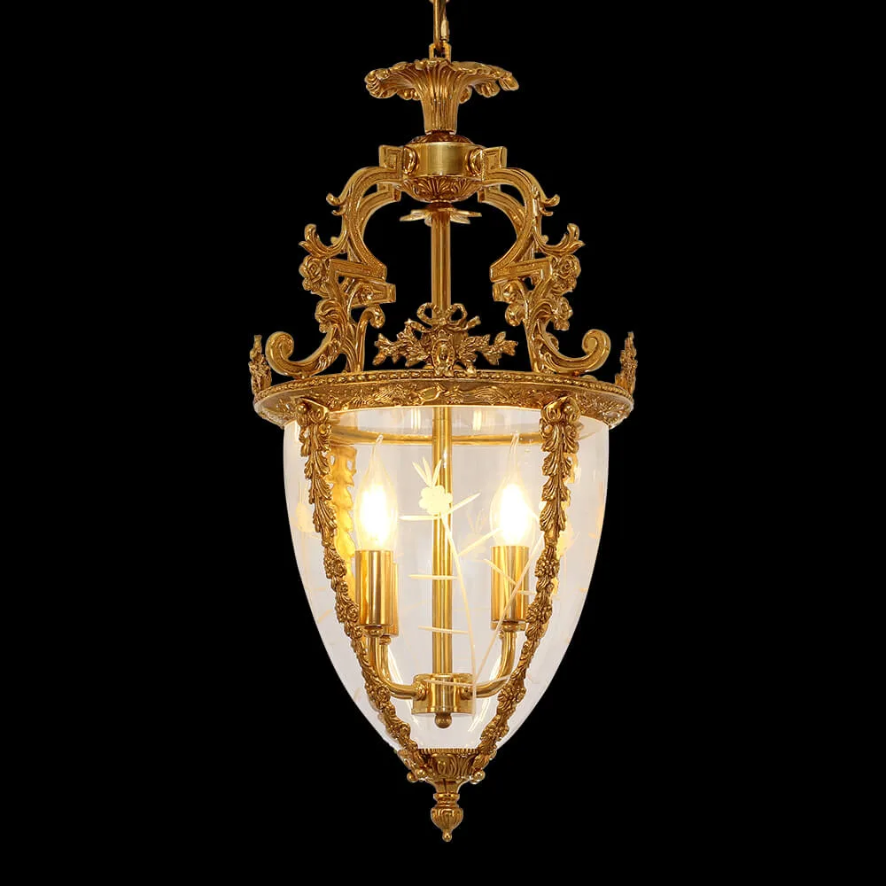 Breteuil Lantern Glass Pendant, 15" in antique brass