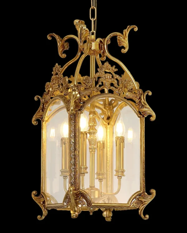 Invalides Lantern Glass Pendant, 12" in antique brass