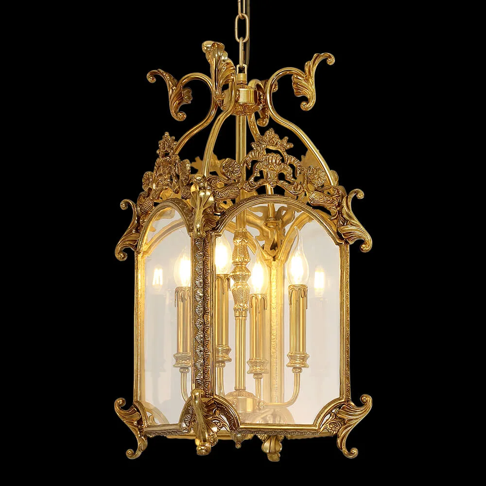 Invalides Lantern Glass Pendant, 12" in antique brass
