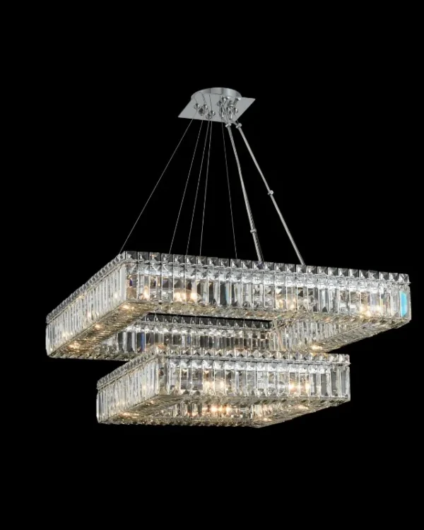 Scintille Two-Tier Crystal Pendant, 27" in polished chrome