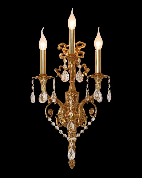 Kléber Crystal Wall Sconce, 3-Light, 28" H in Antique Brass in antique brass